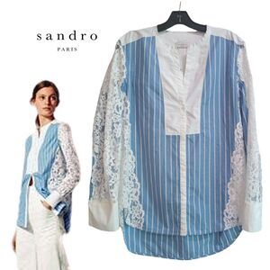 SANDRO Paris NEW DEVE Lace Panels Stripe Collarless Long Sleeve Shirt 40